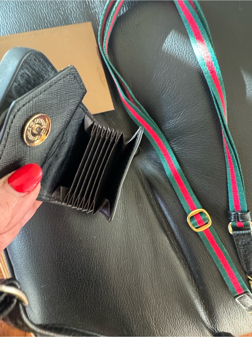 Gucci Black Leather Phone Card Case with Red-Green Web Strap